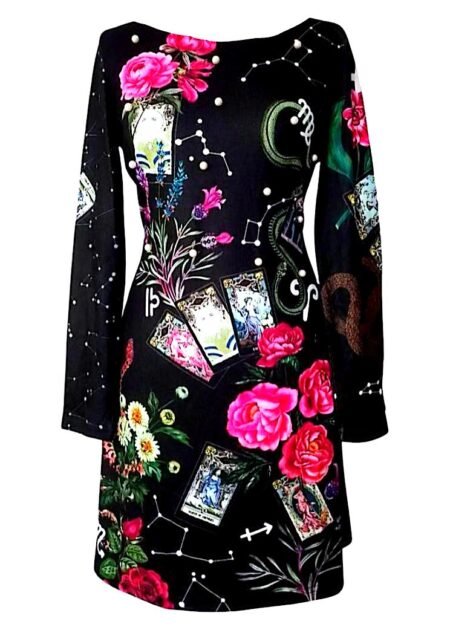 Robe noire imprimée fleurs et perles nacrées