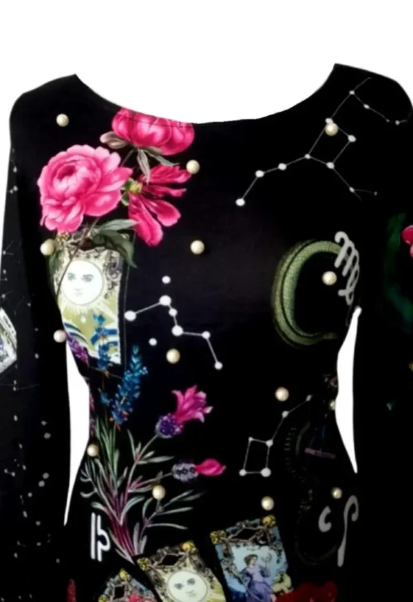 Robe noire imprimée fleurs et perles nacrées – Image 4