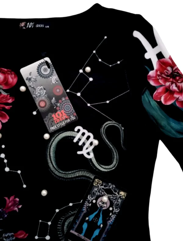 Robe noire imprimée fleurs et perles nacrées – Image 5