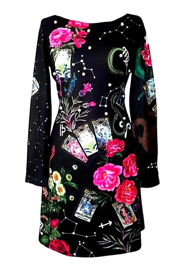 Robe noire imprimée fleurs et perles nacrées – Image 2