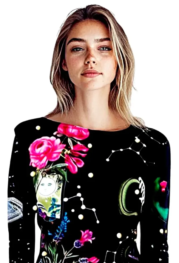 Robe noire imprimée fleurs et perles nacrées – Image 7