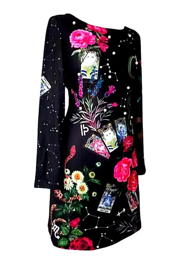 Robe noire imprimée fleurs et perles nacrées – Image 3