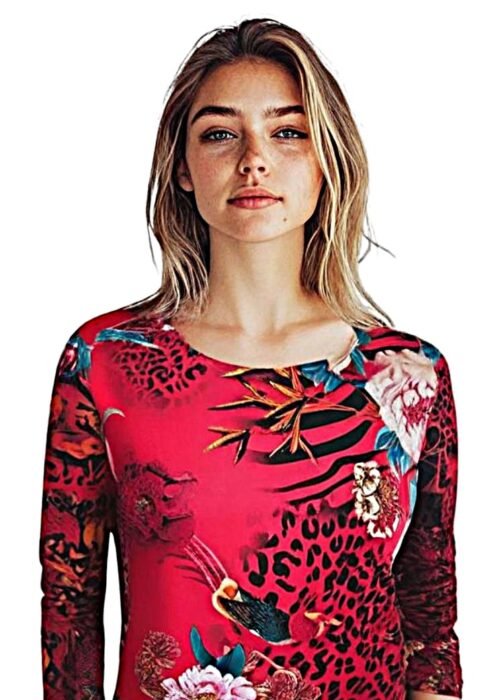 Robe rouge manches longues imprimé fleurs 702