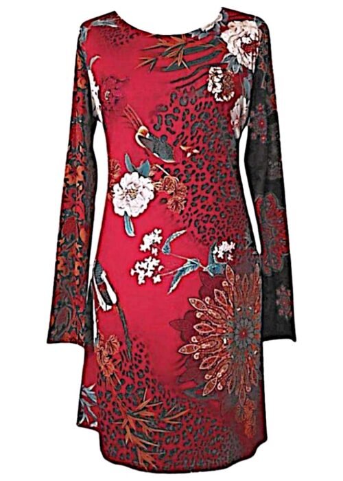 Robe rouge manches longues imprimé fleurs