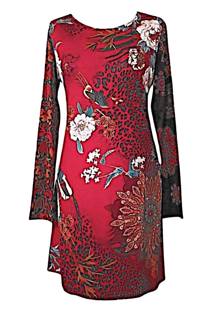 Robe rouge manches longues imprimé fleurs