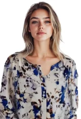 Chemisier imprimé fleuri fond beige-modèle face