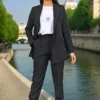 Pantalon à pinces style costume noir -modèle face