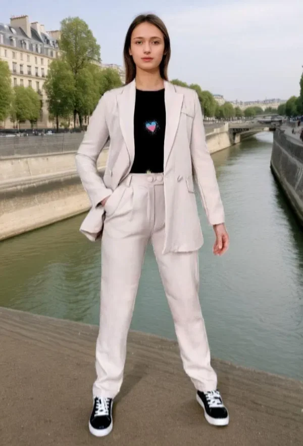 Pantalon double boutonnage style costume beige-modèle ouvert