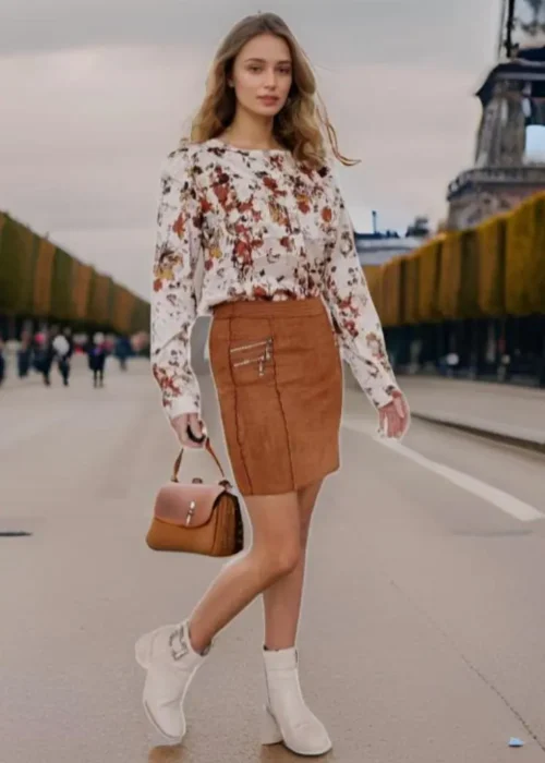 Jupe courte droite camel en suédine poches à zip-modèle côté
