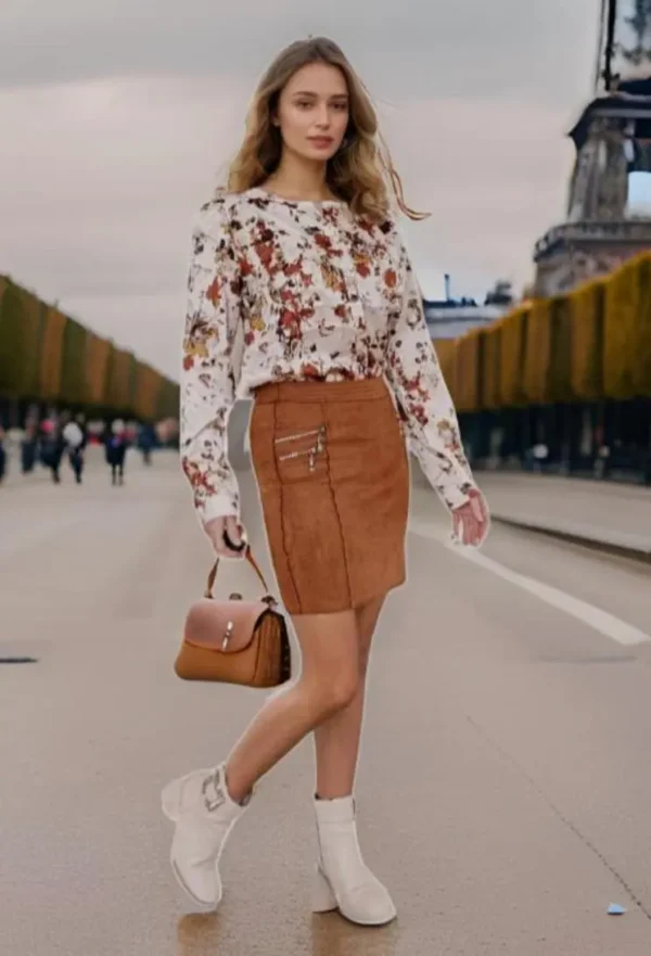 Jupe courte droite camel en suédine poches à zip-modèle côté
