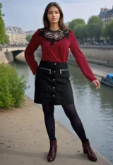 Jupe courte évasée noire en suédine fermeture à pressions-vue modèle