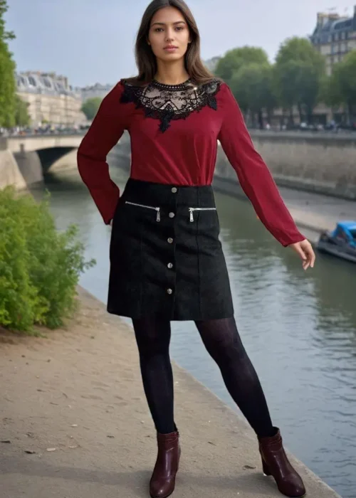 Jupe courte évasée noire en suédine fermeture à pressions-vue modèle