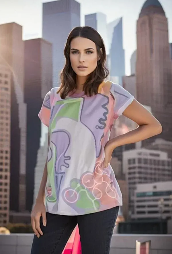 Tee-Shirt manches courtes imprimé abstrait tons pastels-modèle