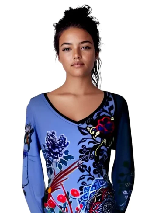 Tee-shirt col V manches longues bleu imprimé