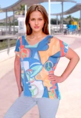 Tee-shirt femme imprimé abstrait bleue, orange, corail-modèle