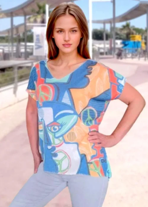 Tee-shirt femme imprimé abstrait bleue, orange, corail-modèle
