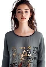 Tee-shirt long ML gris imprimé doré