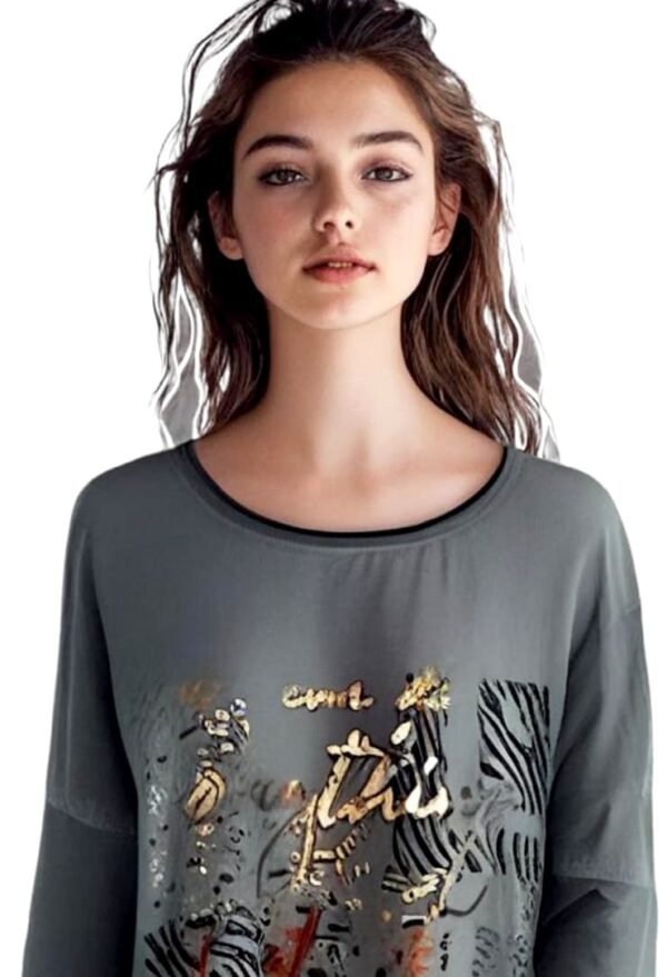 Tee-shirt long ML gris imprimé doré