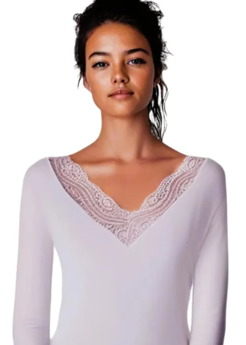 Tee-shirt manches longues blanc col et dos dentelle