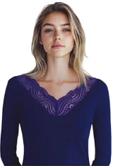 Tee-shirt manches longues marine col et dos dentelle-modèle