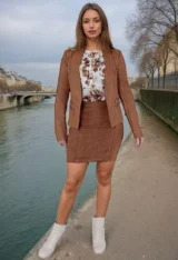 Veste camel en Suédine sans col poches zippées-modèle face