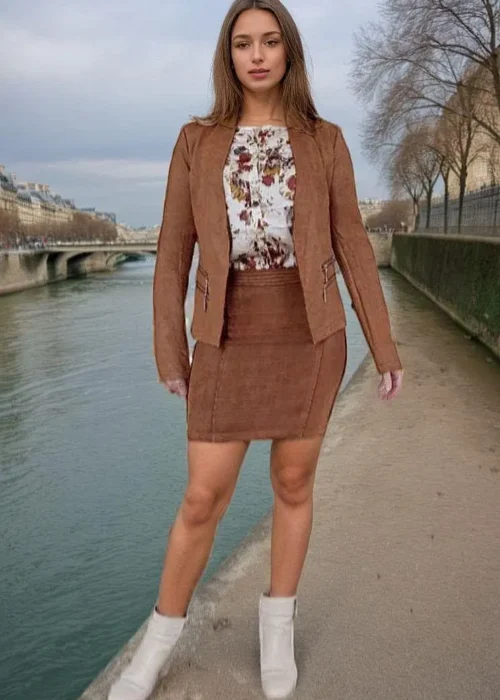 Veste camel en Suédine sans col poches zippées-modèle face