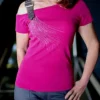 Tee-shirt manches courtes épaule dénudée et strass-fuchsia