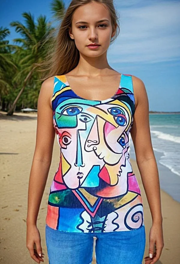 T-shirt sans manches femme imprimé abstrait style Picasso