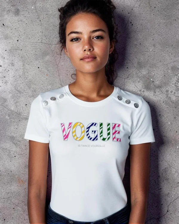 Tee-shirt femme en coton à manches courtes blanc imprimé Vogue
