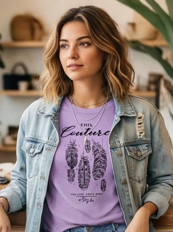 Tee-shirt été femme coupe classique imprimé "plumes" noir, blanc, mauve ou vert pastel