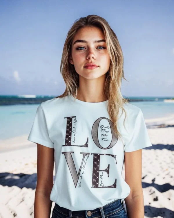 Tee-shirt femme classique blanc imprimé Love doré