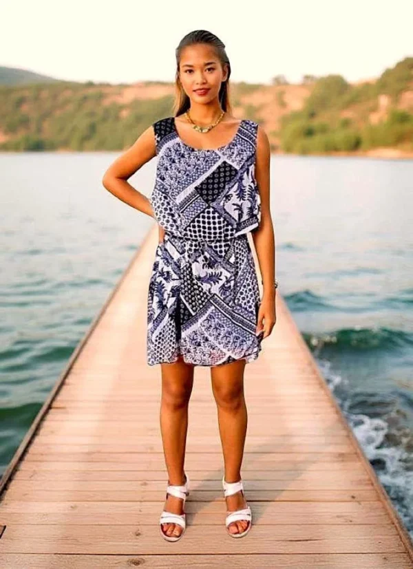 Robe Légère en Voile Imprimé Noir et Blanc – Coupe Asymétrique & Ceinture Chaînette