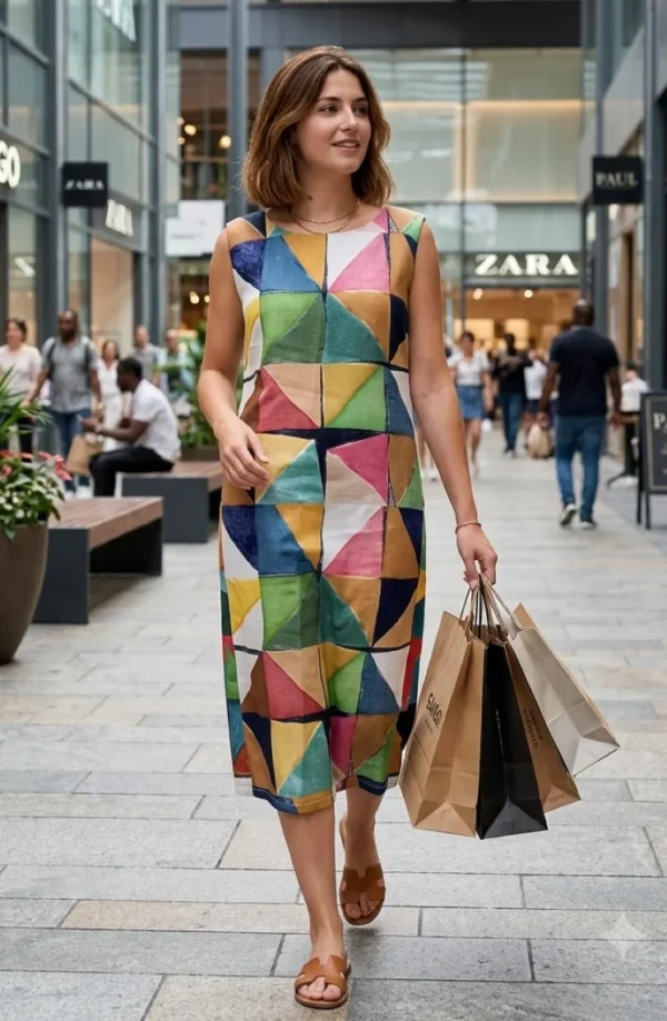 Robe droite fluide à imprimé géométrique mosaïque