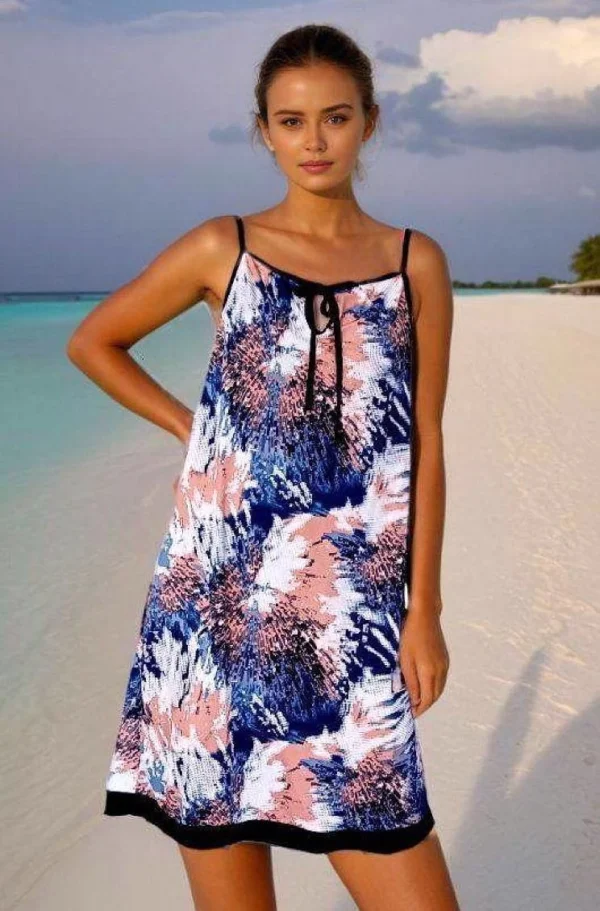Robe d'Été Mi-Longue Imprimée – Bleu et Corail