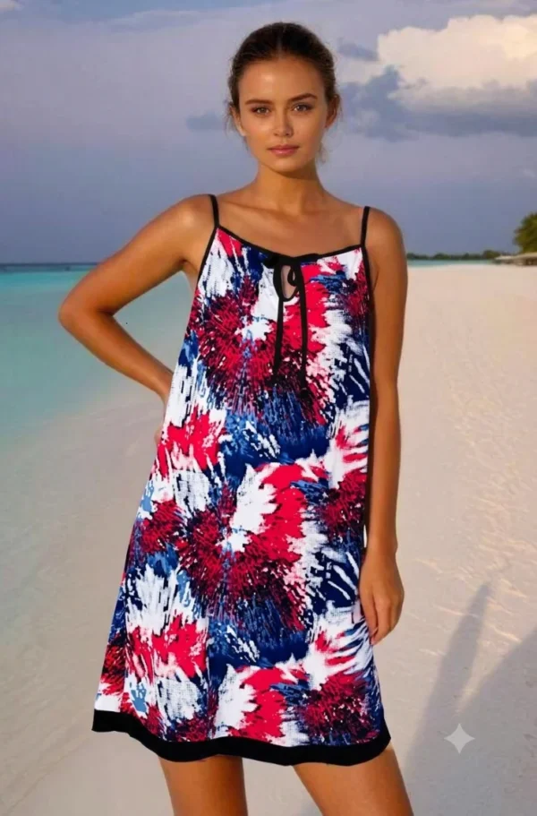 Robe Mi-Longue à Fines Bretelles Imprimée Rouge et Bleu