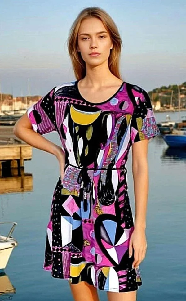 Robe fluide manches courtes imprimée abstrait fuchsia et couleurs vives