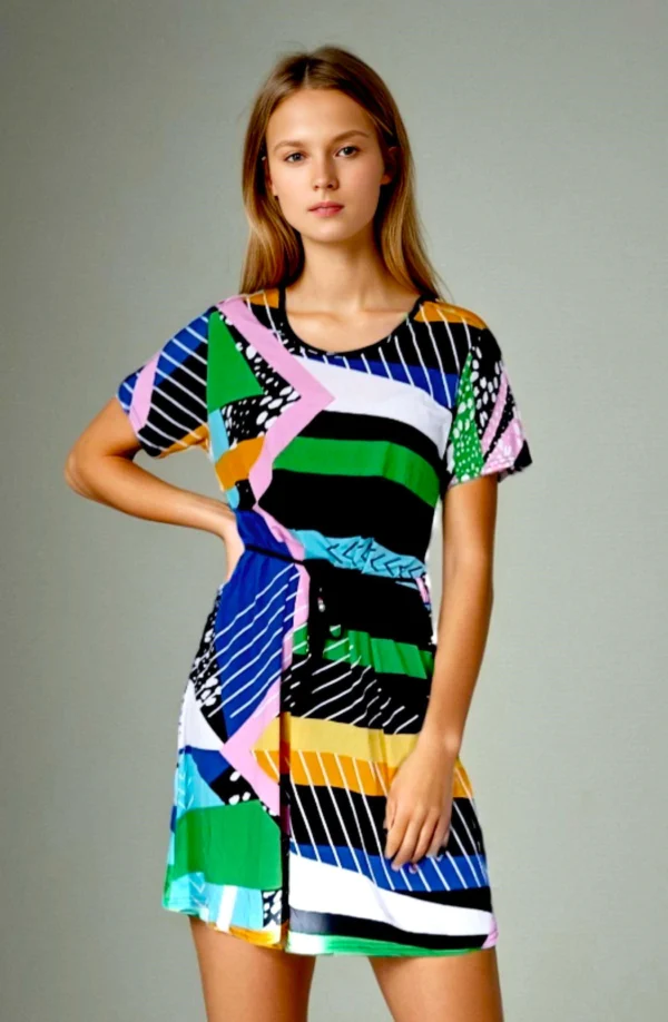 Robe fluide manches courtes imprimée abstrait muticolore