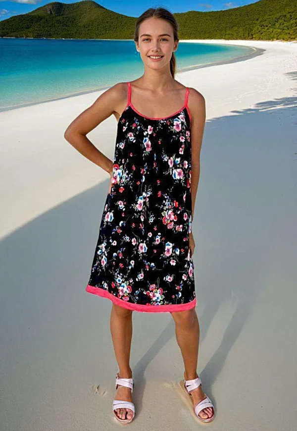 Robe imprimée floral corail et noir à fines bretelles mi-longue